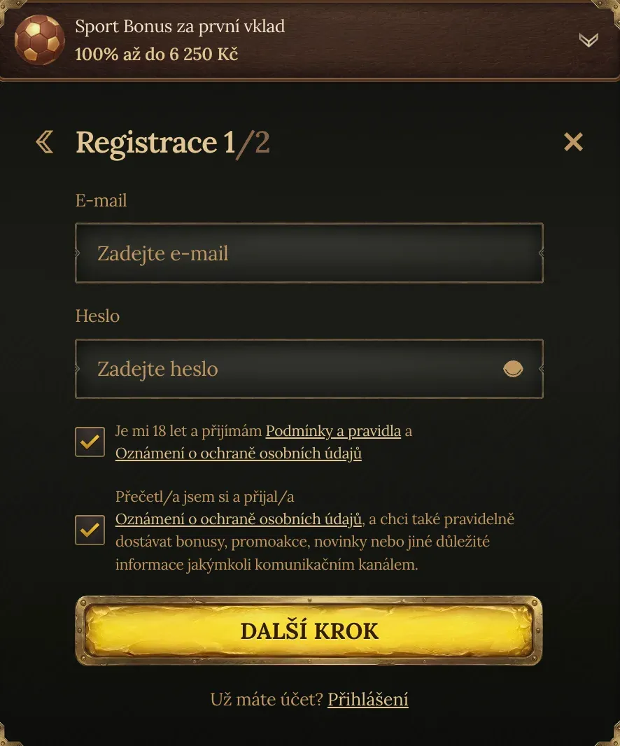 Registrační formulář v kasinu BetWest